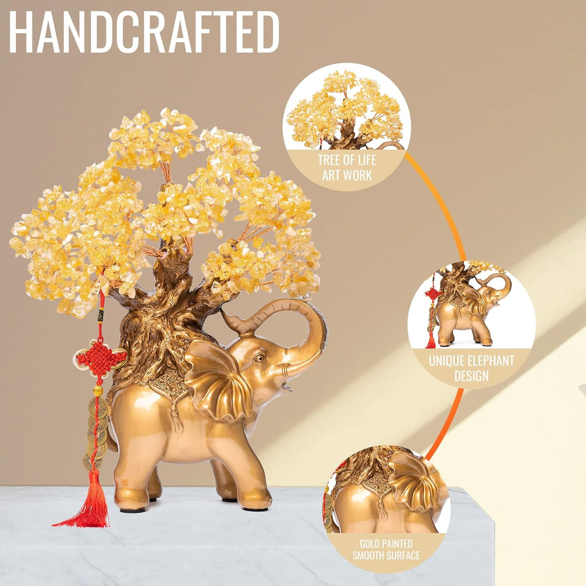 Citrine Crystal Money Tree on Gold Elephant Statue, 17”Large Gemstone Bonsai Tree of Life Home Décor Gifts for Wealth Positive Energy, Feng Shui Décor