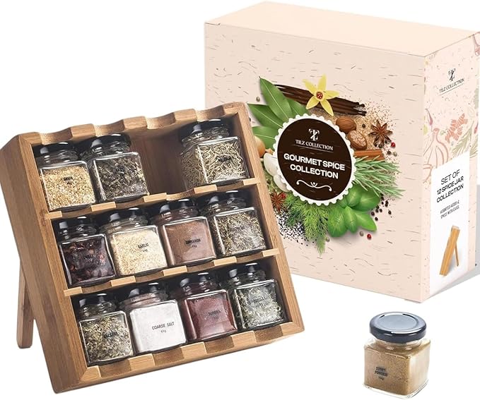 TILZ GEAR Wooden 3-Tier Spice Rack, 12 Filled Glass Jars, 12 Organic Spices Included, Brown