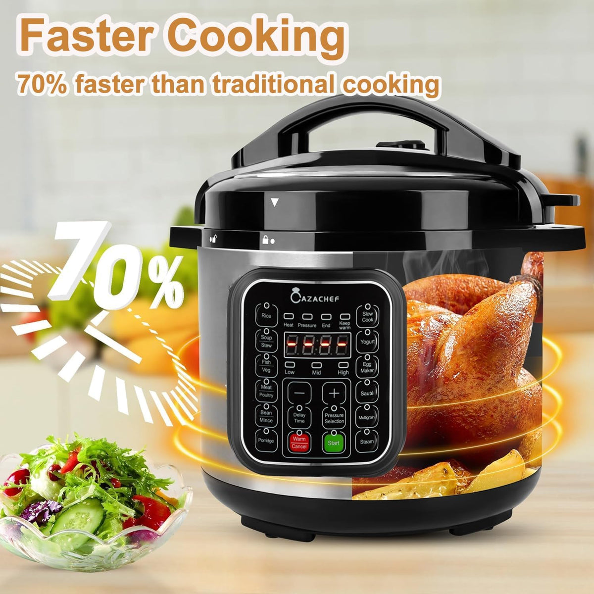 8qt stainless steel Pressure Cooker | 24-hour Presetting electric rice cooker, 14 in 1 slow cooker with temperature control | LED Multifunction Steamer, Food Warmer with nonstick pot