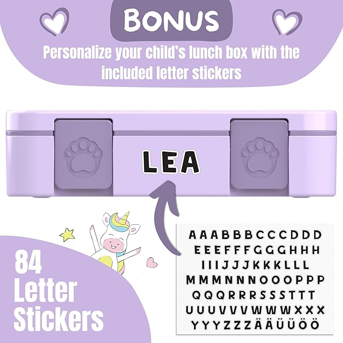 BEARFOOT Kids Lunch Box with Compartments β Compact & Lightweight | Leak-Proof, BPA-Free, Dishwasher & Microwave Safe | Hand-Drawn Design for Preschool, School, Travel (Purple, 4 Cups)