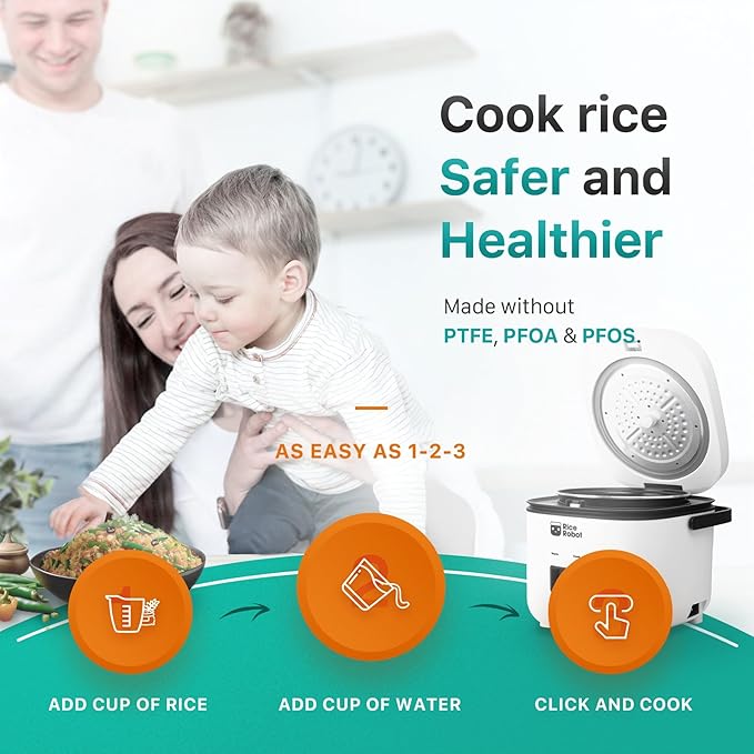 Rice Robot Rice Cooker β Family Size 4 Cup Uncooked (8 Cups Cooked) Electric Rice Maker | PFAS-Free Ceramic Nonstick | Includes Stainless Steel Steamer Tray and Accessories | As Seen on TV