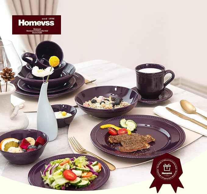 Pearl Dots Stoneware Dinnerware Set (20pc Set, Purple)