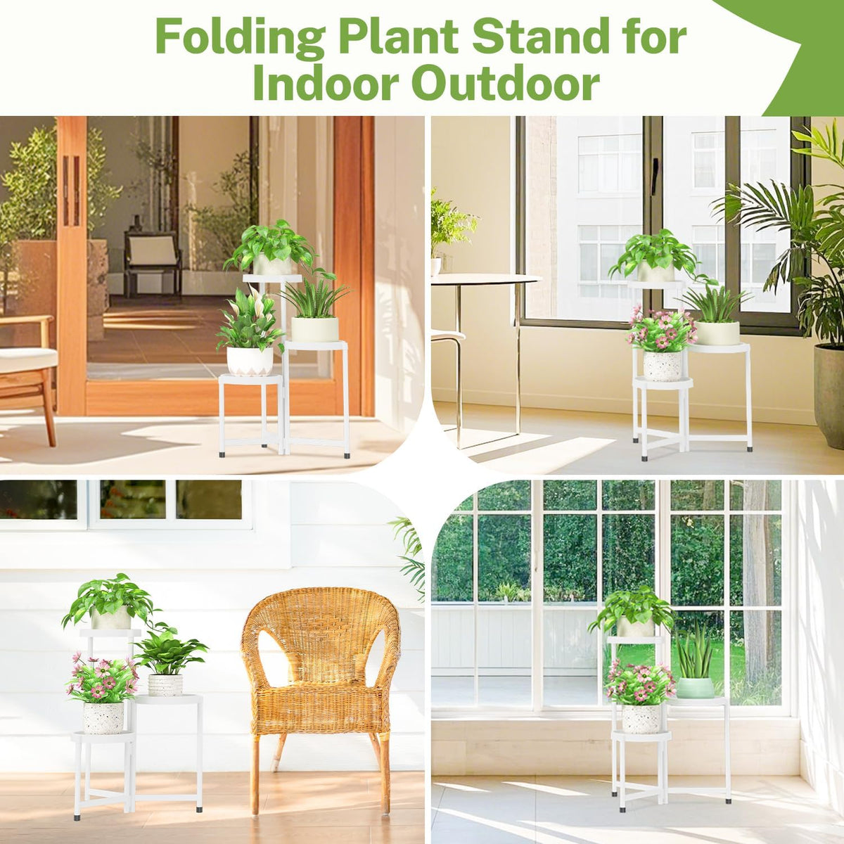 iDavosic.ly 3 Tier Folding Plant Stand Indoor Outdoor with Plastic Tray, Tiered Corner Flower Holder Shelf, Metal Orchid Display Rack for Patio Porch Living Room Garden Balcony, White