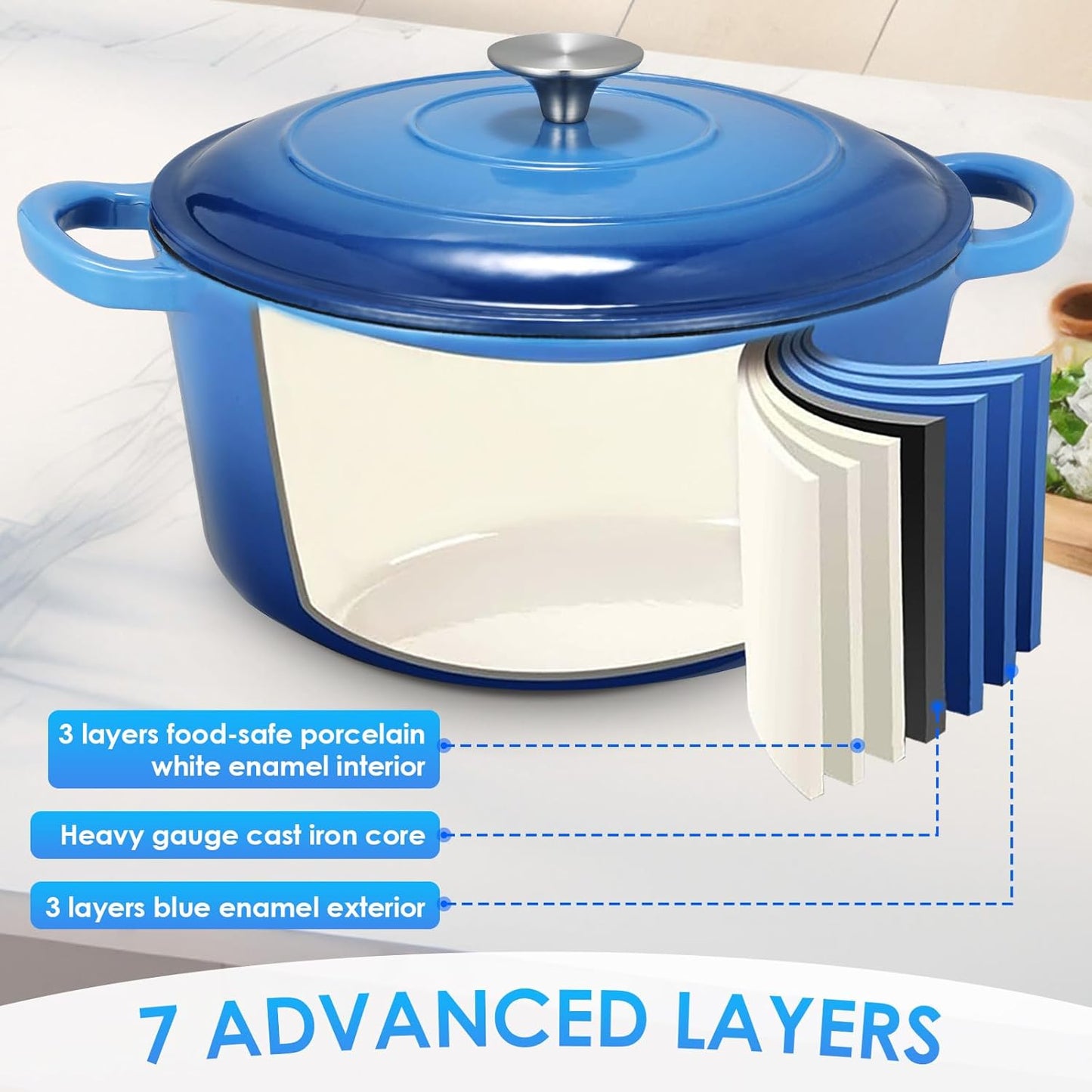 LIFERUN 6 Qt Enameled Cast Iron Dutch Oven Pot with Lid,Oven Safe up to 500° F, Non-Stick Dutch Oven with Dual Handles for Bread Baking, Fry Foods, Braising, Stews, Roasting (Blue)