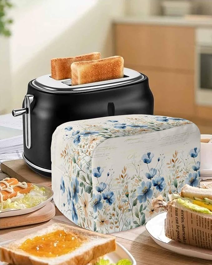 Blue Flowers Rustic Toaster Cover 2 Slice, Spring Vintage Botanical Dustproof Bakeware Oven Protector with Top Hook, Floral Beige Waterproof Small Kitchen Appliance Toasters Dust Cover, 11"x6"x8"