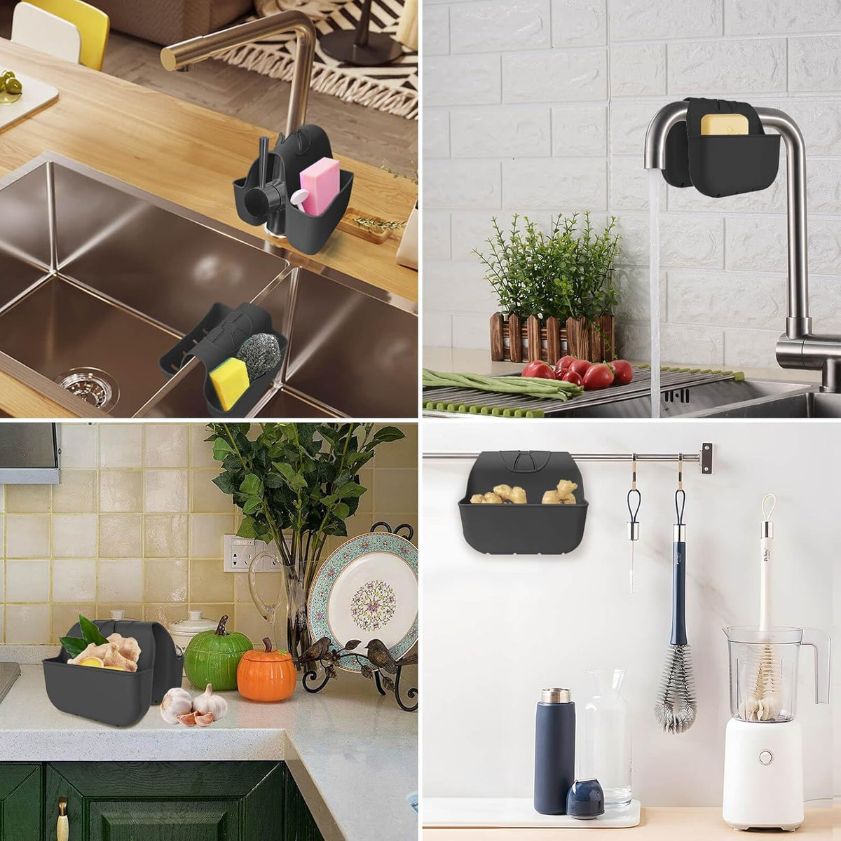 Sponge Holder for Kitchen Sink, Silicone Sink Saddle Caddy Organizer Rack, Sponges Holder Over Faucet, Hanging Kitchen Organizer Accessories Rack Basket Black