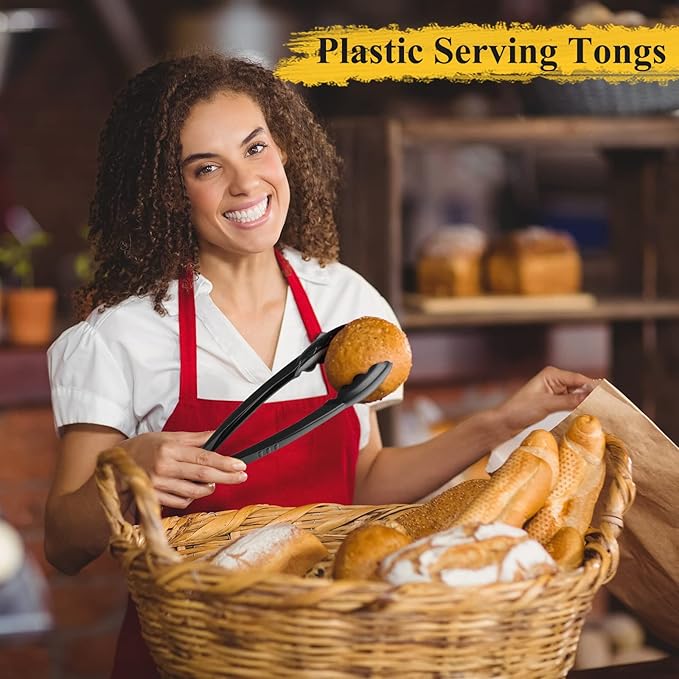 Tessco 50 Pcs Plastic Tongs for Serving Bulk, 9 Inch Plastic Disposable Serving Tongs Heavy Duty Salad Utensils for Kitchen Buffets BBQ Events Catering (Black)