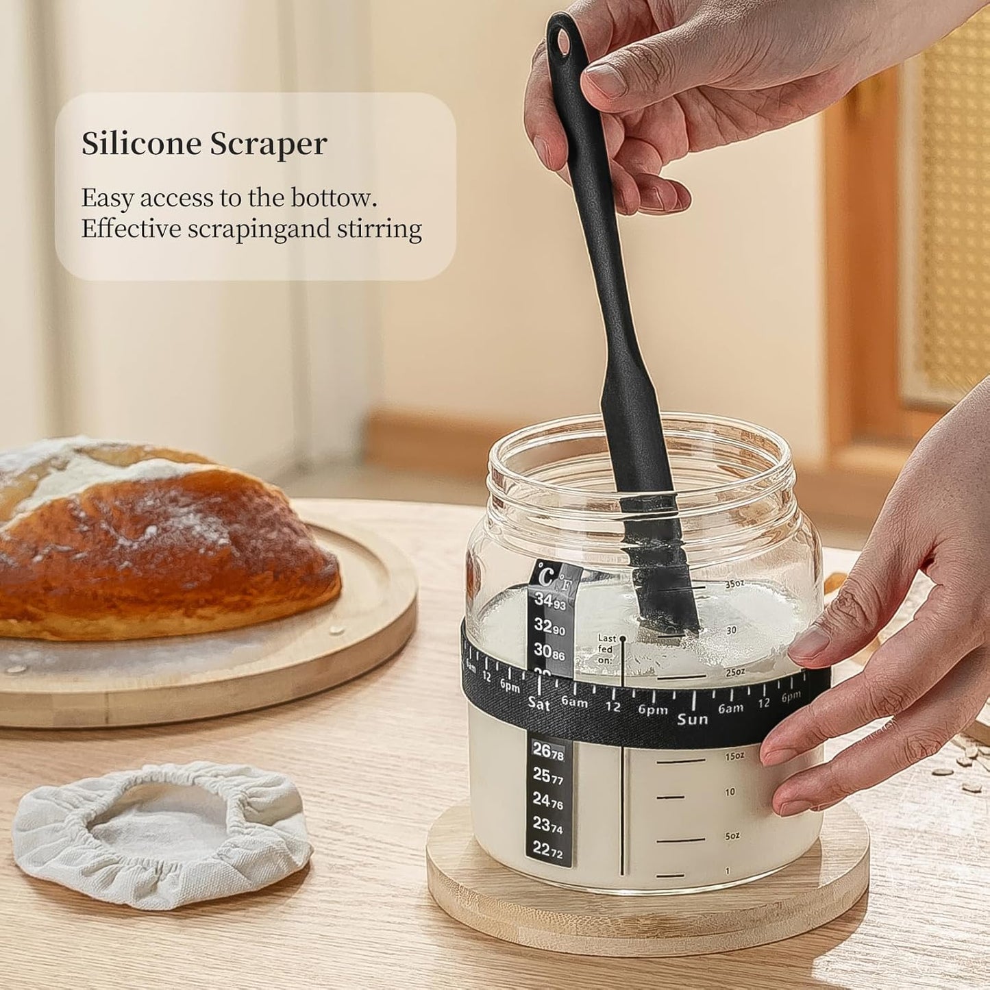 Sourdough Starter Jar 2Pack,Wood Sealed Lid with Automatic Exhaust,35OZ with Ounce Scale Line,Date Marked Feeding Band, Thermometer, Sourdough Jar Scraper,Wide Mouth for Sourdough Bread Baking