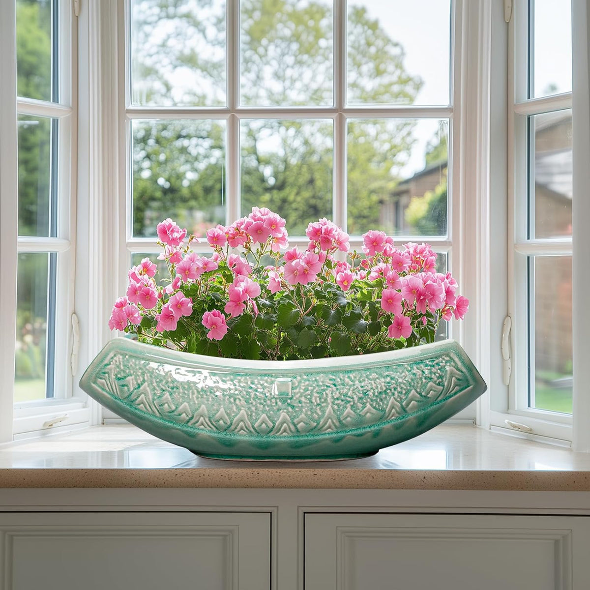 Bonsai Tree Pot - 18 Inch Ceramic Succulent Pots for Indoor Outdoor, Large Bonsai Planter with Drainage Hole, Ceramic Flower Pot, Decorative Planter, Gifts for Plant Lovers, Room Decor, Green