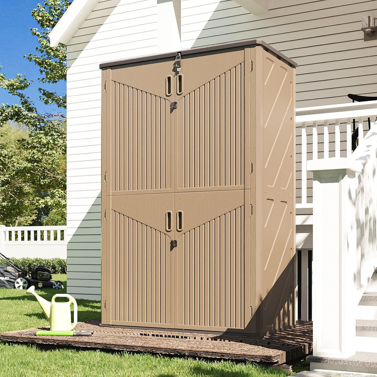 Aoxun Outdoor Storage Shed, 64 Cu.Ft Vertical Storage Sheds Outdoor with Floor, Outdoor Waterproof Storage Cabinet for Garage Storage, Pool Storage, Bike Shed, Garden Shed (Brown)
