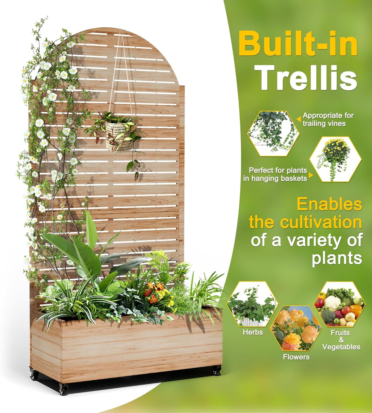 FENCY Metal Raised Garden Bed with Wheels and Trellis,Arched 73"x35"x16" Planter Box for Climbing Plants, Vegetables & Vines, Features Privacy Screen and Drainage Holes (Acacia Wood Finish)
