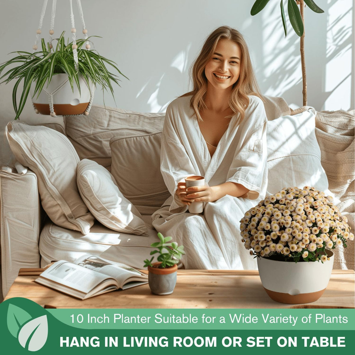 Set of 2-10 Inch Hanging Planters for Indoor Plants with Self-Watering Includes Hanging Pots for Plants, Outdoor Hanging Plant Pot with Drainage, and 2 Types of Hanging Baskets Hangers (White, 10inch)