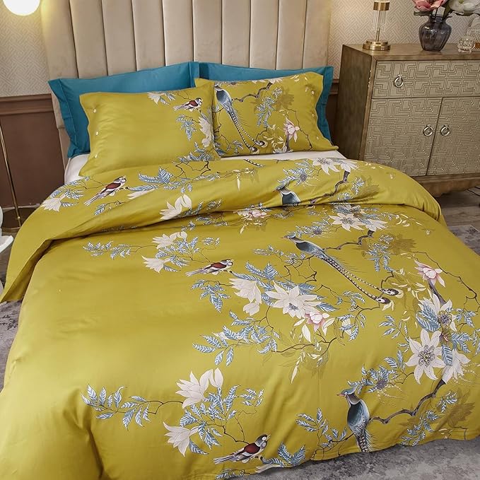 Garden Style Birds Flower Comforter Set Full Size Vintage Floral Boho Bedding Comforter Set Vibrant Color Flower Botanical Comforter with 2 Pillowcases Chic Farmhouse Bedding Comforter for All Season
