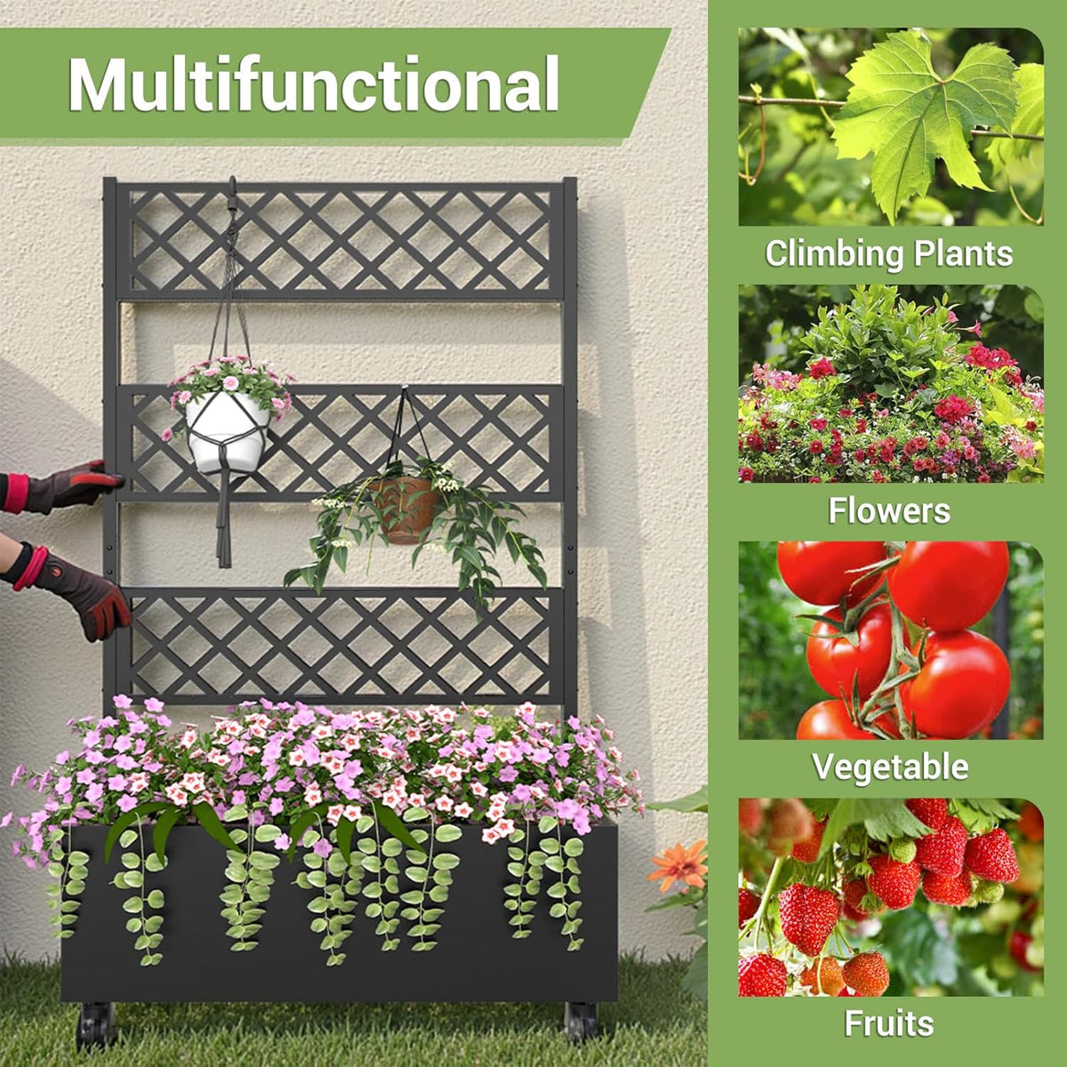 Metal Planter Box with Trellis Privacy Screen, 67"x35"x16" Raised Garden Bed with Trellis, Privacy Planter Boxes, with Planting Bag & Lockable Casters for Climbing Plants,Vegetables,and Vines