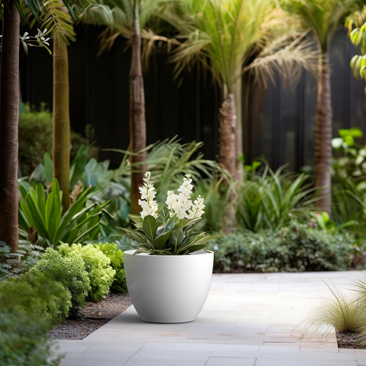 Kante 17.3 Inch Round Concrete Planter - Classic Large Indoor/Outdoor Plant Pot with Drainage Hole and Rubber Plug, Suitable for Gardens and Patios, White Finish with Aqua Blue Interior