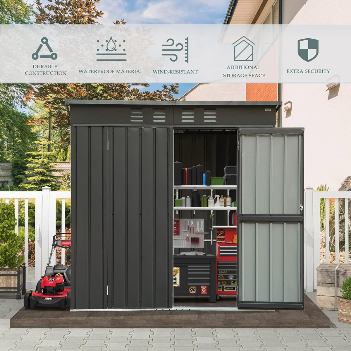 Domi Outdoor Storage Shed 5' x 3’, Metal Garden Shed with Galvanized Steel Frame for Bike, Tools, Lawn Mowers, Pool Toys, Outdoor Storage Cabinet with Lockable Door for Garden Lawn Patio (Dark Grey)