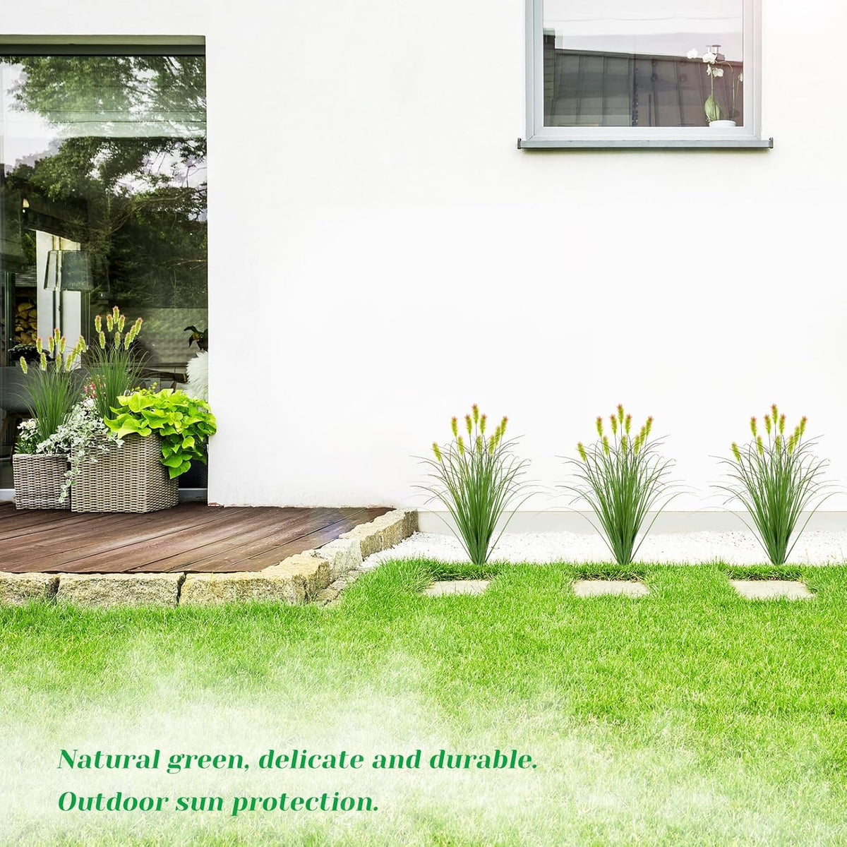 Artificial Grass Plants Outdoor 24 Bunches Fake Onion Grasses with Plush Fake Shrubs Plant Flowers Faux Greenery Wheat Sea Grass for Outside Garden Indoor House Home Office Room Décor (Green & Red)