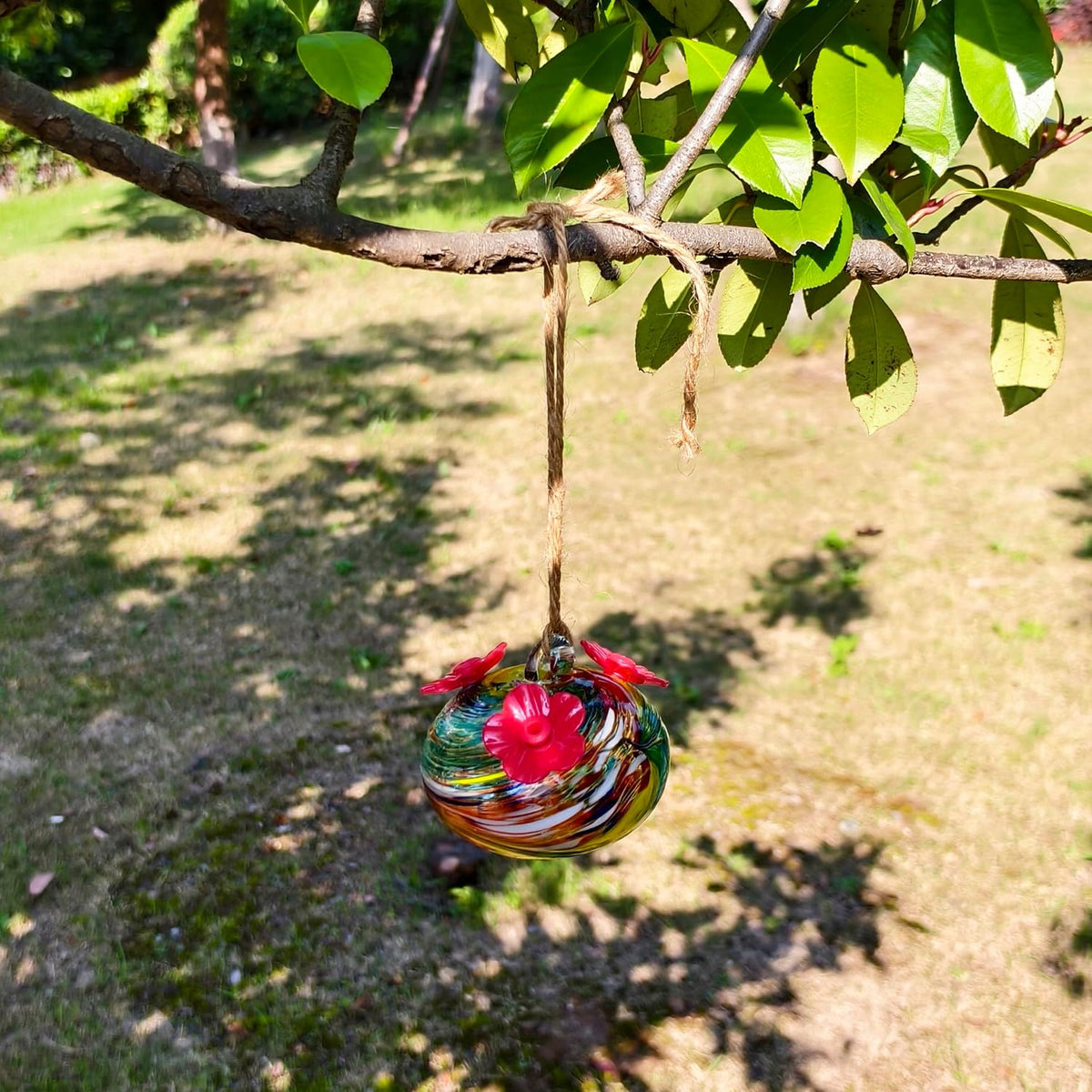 Small Glass Hummingbird Feeders for Outdoors Hanging - Hand Blown Glass Ball Nectar Feeding, Multi Color with 3 Flowers Feeding Ports, Decor for Garden/Backyard Outside