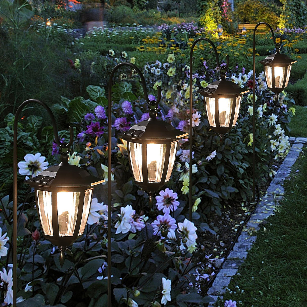 Dynaming 6 Pack Solar Hanging Lights Outdoor, Solar Powered Garden Decorative Lanterns with 6 x 38 Inch Shepherd Hooks, Waterproof Landscape Lighting for Lawn Patio Yard Pathway Driveway, Warm White