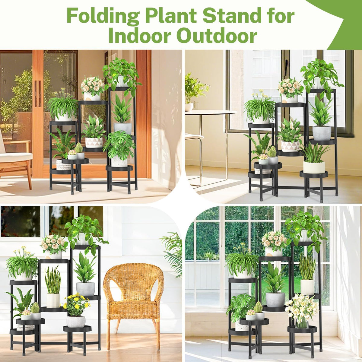 iDavosic.ly 8 Tier Folding Plant Stand Indoor Outdoor with Plastic Tray, Tiered Corner Flower Holder Shelf, Metal Orchid Display Rack for Patio Porch Living Room Garden Balcony, Modern Black