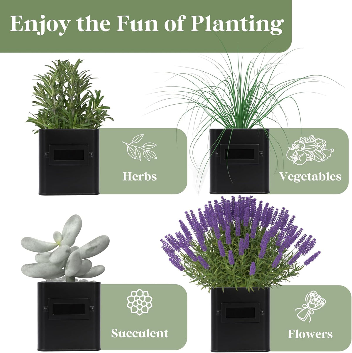 PERFNIQUE Indoor Herb Garden, Herb Planter Set with Tray, Farmhouse Indoor Plant Pots, Windowsill Herb Garden with Drainage(Planter only) for Indoor/Outdoor, Window Pots(Matte Black)
