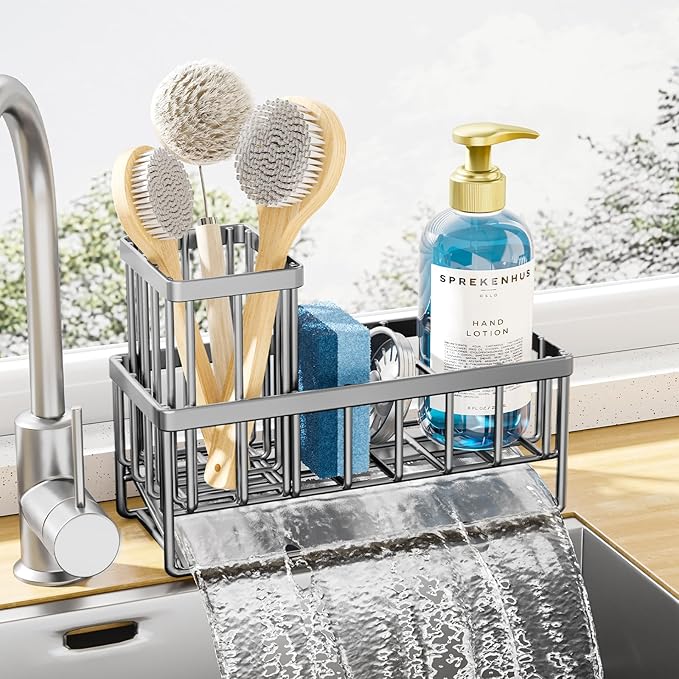 Kitsure Sponge Holder for Kitchen Sink - Rustproof Stainless Steel Sink Caddy Organization and Storage Essentials with High Brush Holder, Home Decor Accessories, 7.9" x 3.7" x 6.2", Sliver