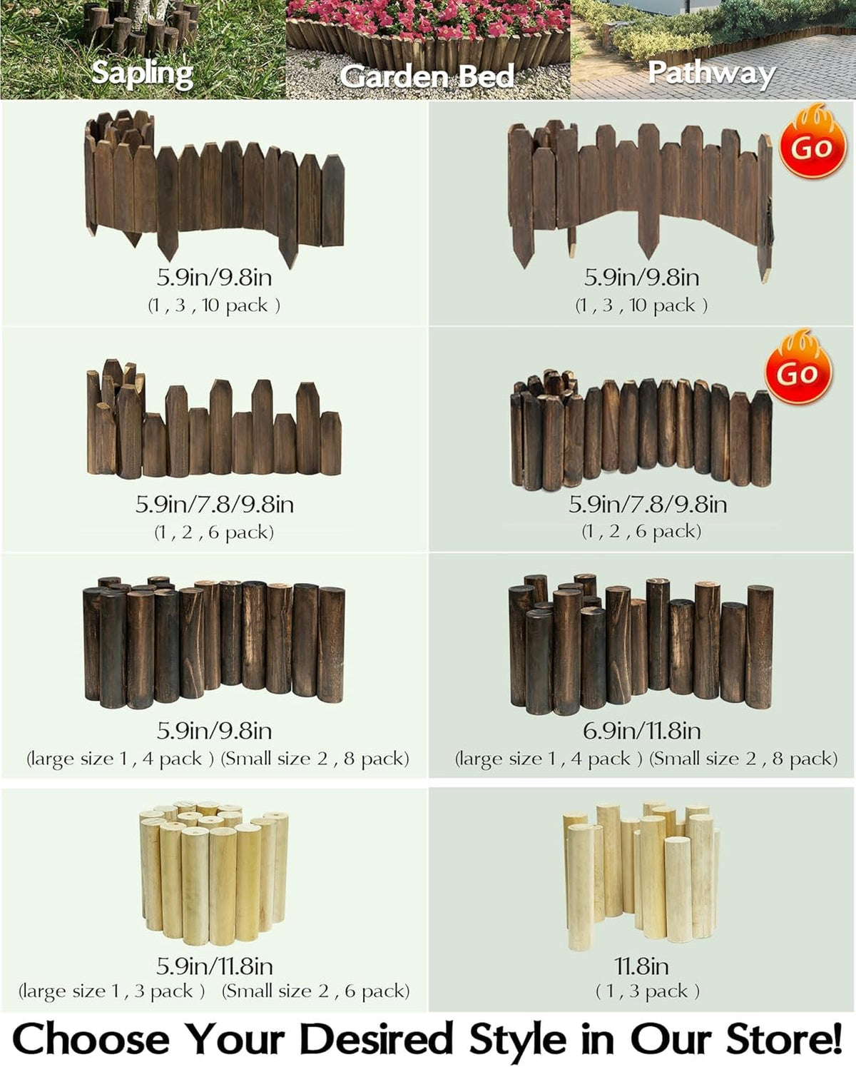 Wood Garden Edging for Landscaping – Staggered Half-Round Wooden Fence Border, Rustic Flower Bed Edging, Natural Pine, 7.9” x 4ft, Outdoor Garden Decor (6 Pack)
