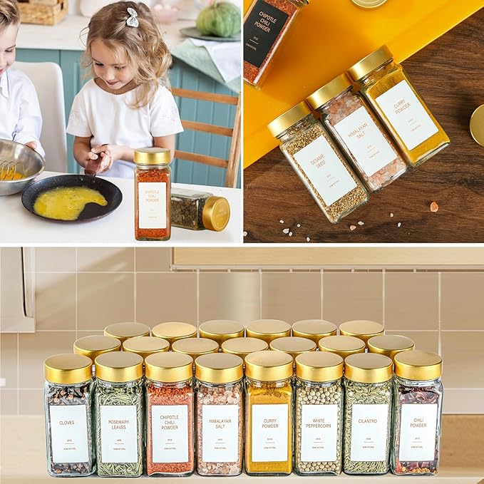 Gold Spice Jars with Label,4oz Seasoning Containers, Glass Spice Bottles with Shaker Lids,Funnel, Chalk Pen for Cabinet,Drawer,Rack (48)