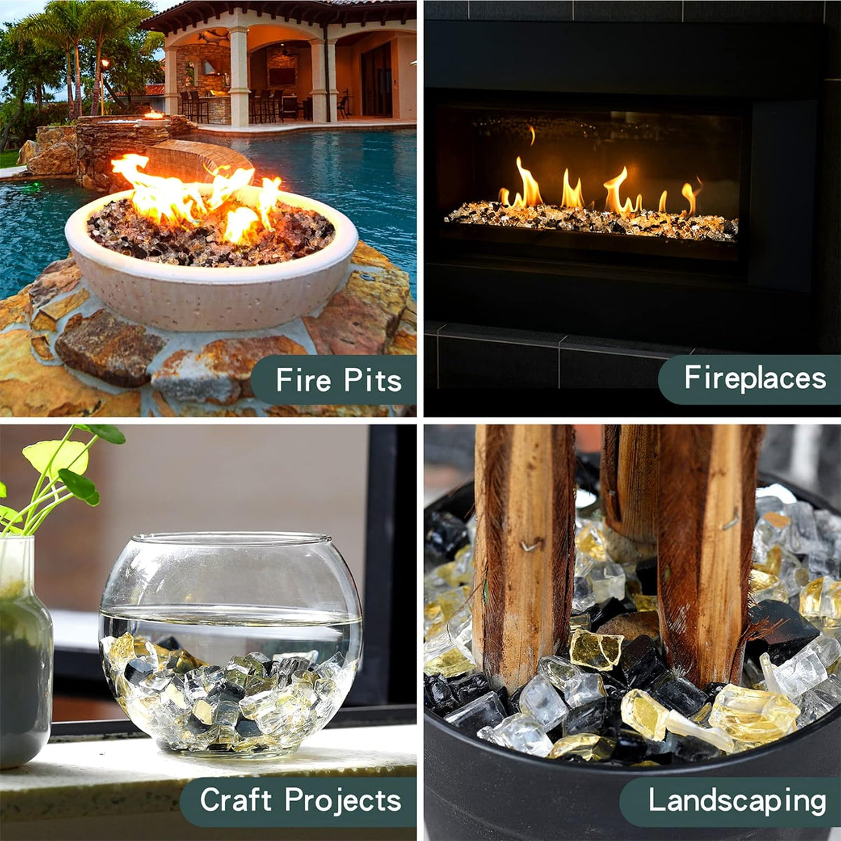 Mr. Fireglass 10 Pounds Reflective Fire Glass for Fire Pit Fireplace and Landscaping, 1/4 Inch Blended High Luster Fireglass Rocks for Outdoor and Indoor Use Gold+Onyx Black+Platinum