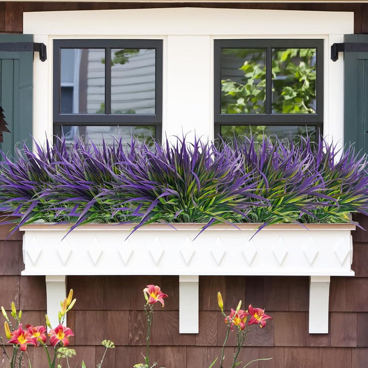 Uieke 12 Bundles Artificial Outdoor Plants UV Resistant Fake Grass Plants Faux Plastic Plants Greenery Shrubs for Home Garden Pathway Window Box Front Porch Cemetery Spring Summer Decor, Purple