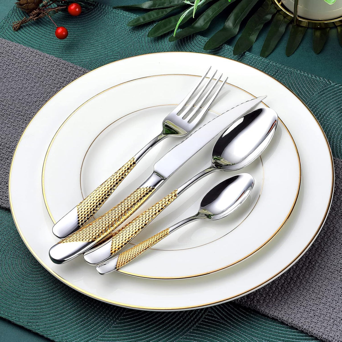 Hammered Silver Gold Silverware Set, OGORI 24-Piece 18/10 Stainless Steel Flatware Set, Service of 6