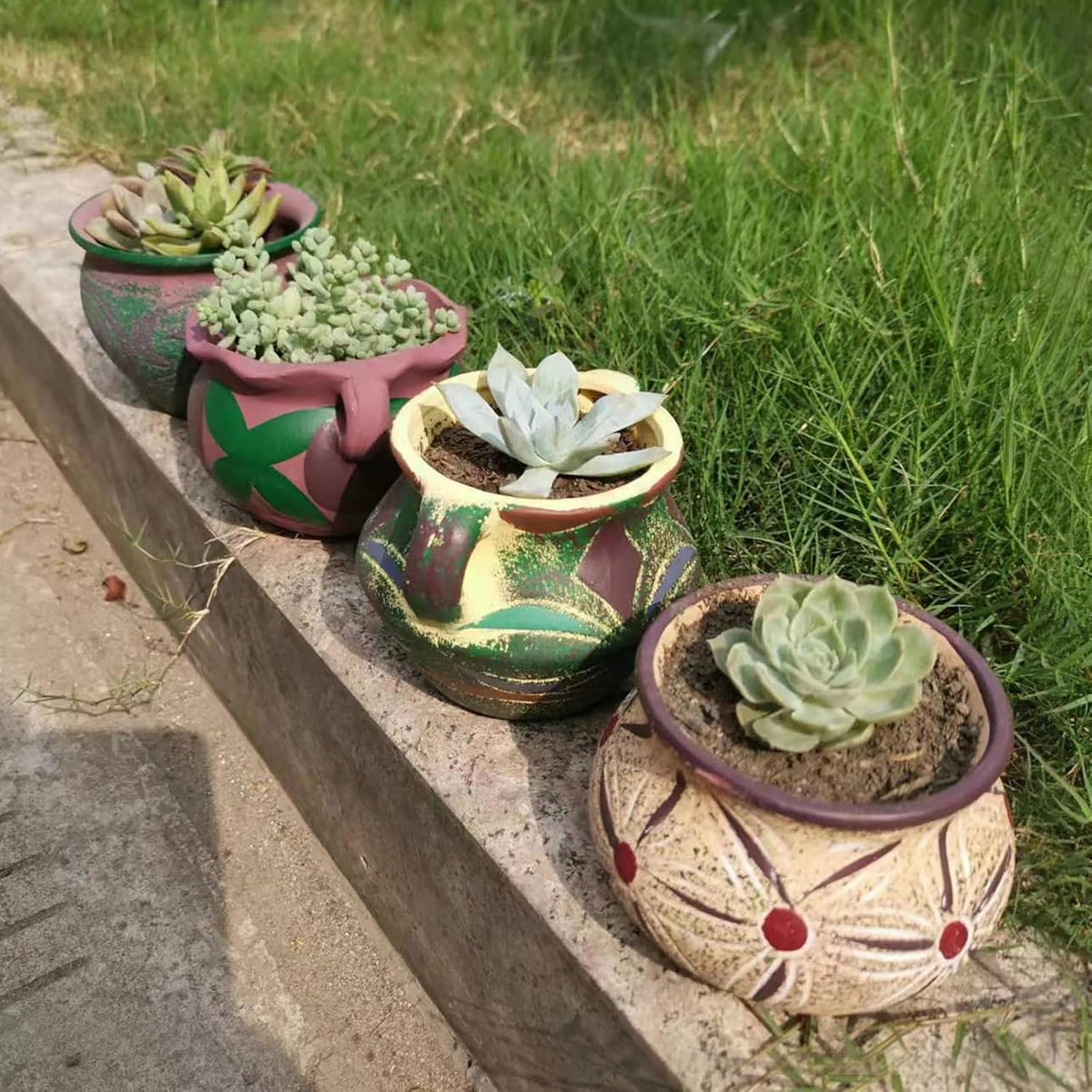 4 Piece Ceramic Plant Pots Indoor Pots Set with Drainage Holes, Rustic Colorful Decorative Flower Pots for Indoor&Outdoor Little Plants, Cute Cactus/Bonsai Plant Pots