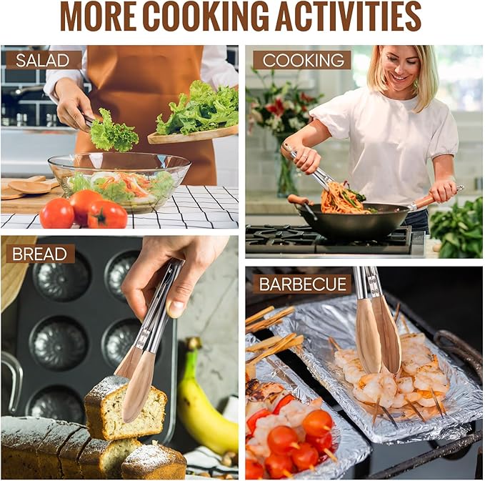Baderke 2 Pcs Olive Wooden Kitchen Tongs for Cooking Wooden Utensil Set Salad Tongs with Wood Tips for Serving Salad Flipping Burgers Grilling and Much More, Set of 2, 11.4 Inch and 14.6 Inch