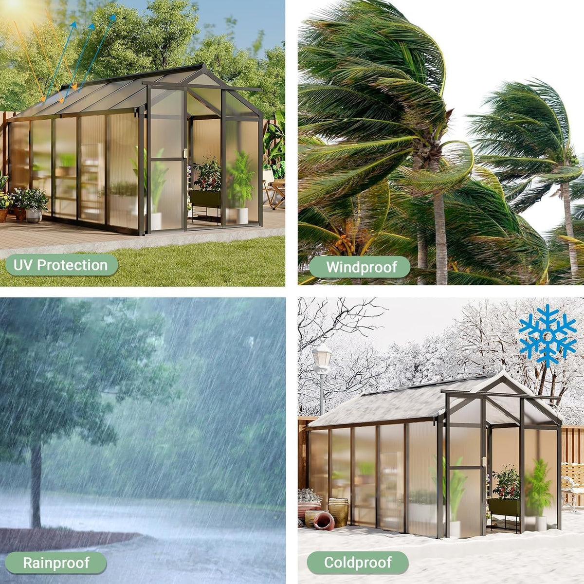 Greenhouse, 6x10 Ft Outdoor Greenhouses with Roof Vents and Sliding Doors, Aluminum Frame Polycarbonate Accessible Greenhouses, Suitable for Outdoor Gardens and Backyards, Black