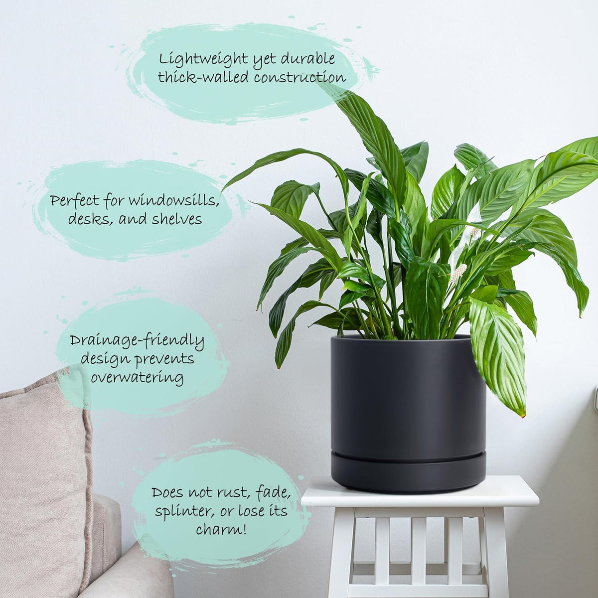 Phoenix Vine 4 Inch and 6 Inch Planter Pot with Drainage Hole & Deep Water Catch Tray Saucer, Straight Cylindrical Round Pot for Plants, Matte Black, 23-A-2-Z