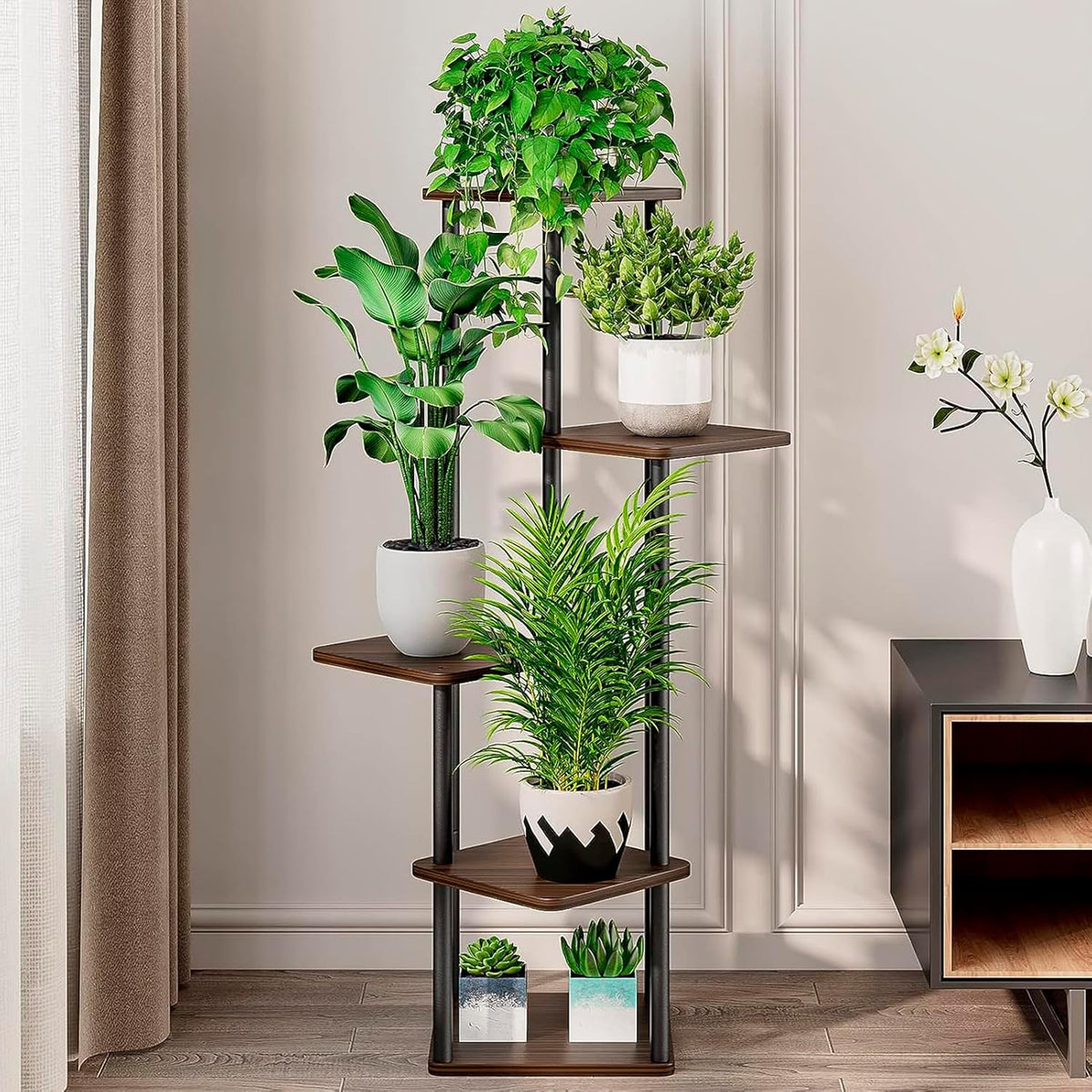 5 Tier Wood Tall Plant Stand Metal Rack Indoor, Multiple Flower Pot Holder Shelves Corner Rack, Planter Shelf Display Rack Storage Organizer for Patio Living Room Balcony Garden(Black Oak)