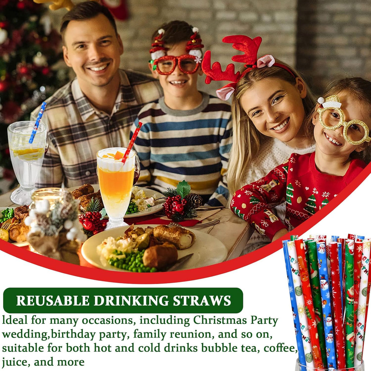 JANYUN 30 Pieces Christmas Drinking Straws BPA-Free 9inch Printing Hard Plastic Reusable Straws Xmas Balls Snowflake Elk Straw for Family Party Favors Supplies Cleaning Brush