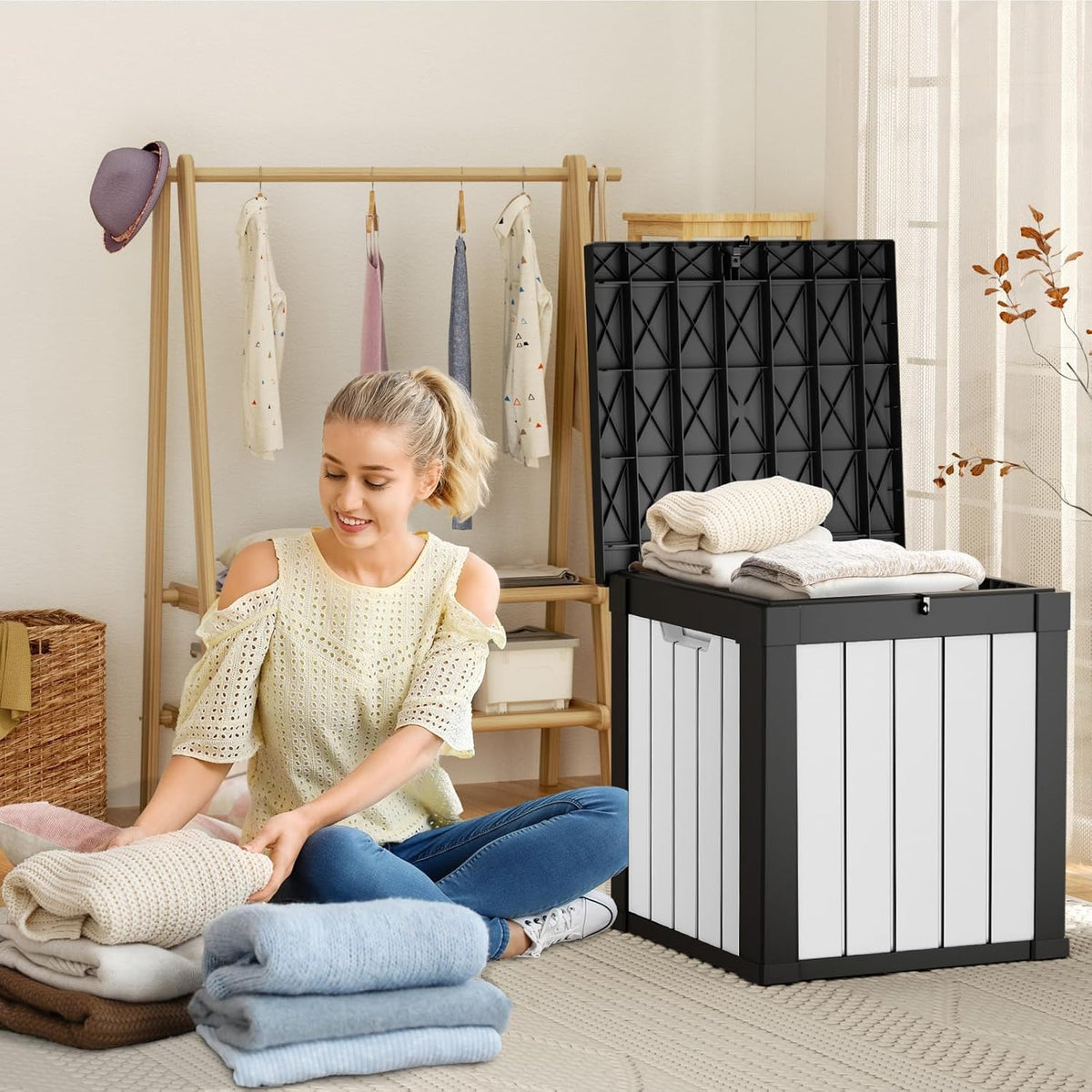 DRATO 50 Gallon Deck Box, Outdoor Storage Box for Patio Cushion, Sports Equipment, Garden Tools, Waterproof Patio Storage box, Lockable (Black and White)