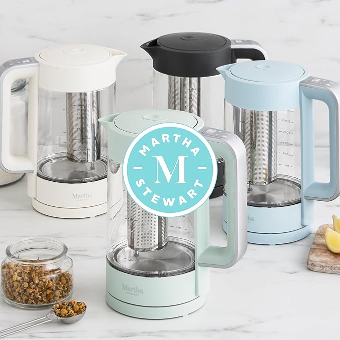 Martha Stewart Electric Kettle with Removable Stainless Steel Tea Infuser, Glass Carafe 1.7L (7 Cups), Hot Water Boiler, 4 Presets, Keep Warm & Auto Shut-Off, Cordless 360° Swivel Base, Linen White
