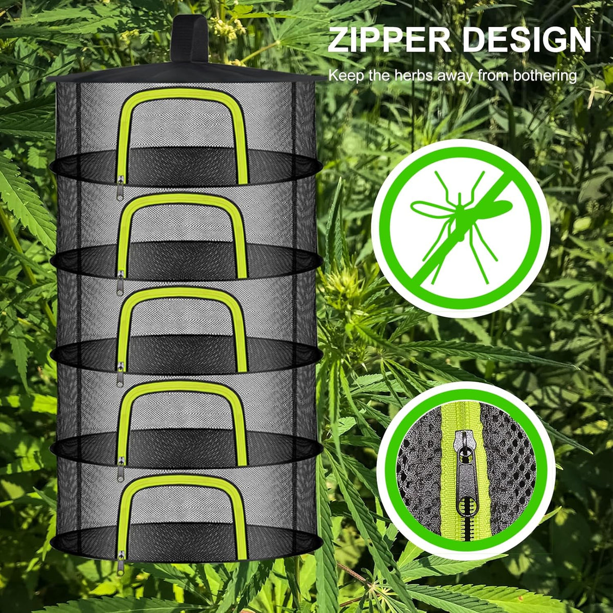 5 Layer Herb Drying Rack, Herb Drying Rack Hanging Mesh, Foldable Bud Drying Net with U-Shaped Zipper, Hooks, for Drying Herbs Plants, Flowers, Fruits, Food, Camping (5 Layers-23.62'')