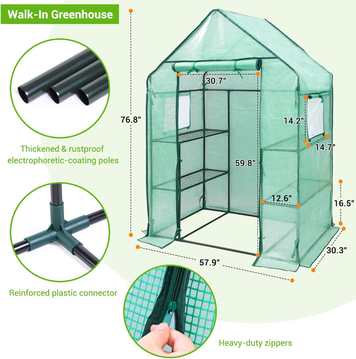 Ohuhu Greenhouse for Outdoors with Mesh Side Windows, 3 Tiers 4 Shelves Small Walk-In Green House Plant Stands Plastic PE Cover Outside Portable Warm House for Seedling Flowers Growing, 4.8x2.5x6.4 FT