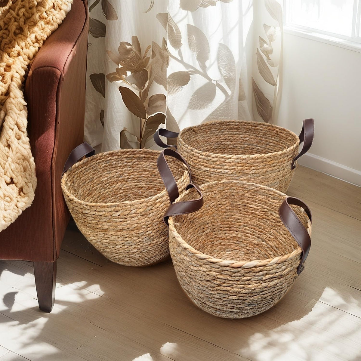 GIB Round Wicker Woven Seagrass Storage Baskets with Leather Handles Set of 3, Natural Decorative Braided Rope Wicker Baskets Bins for Shelves Blankets Organizing, 13", 12" & 11"