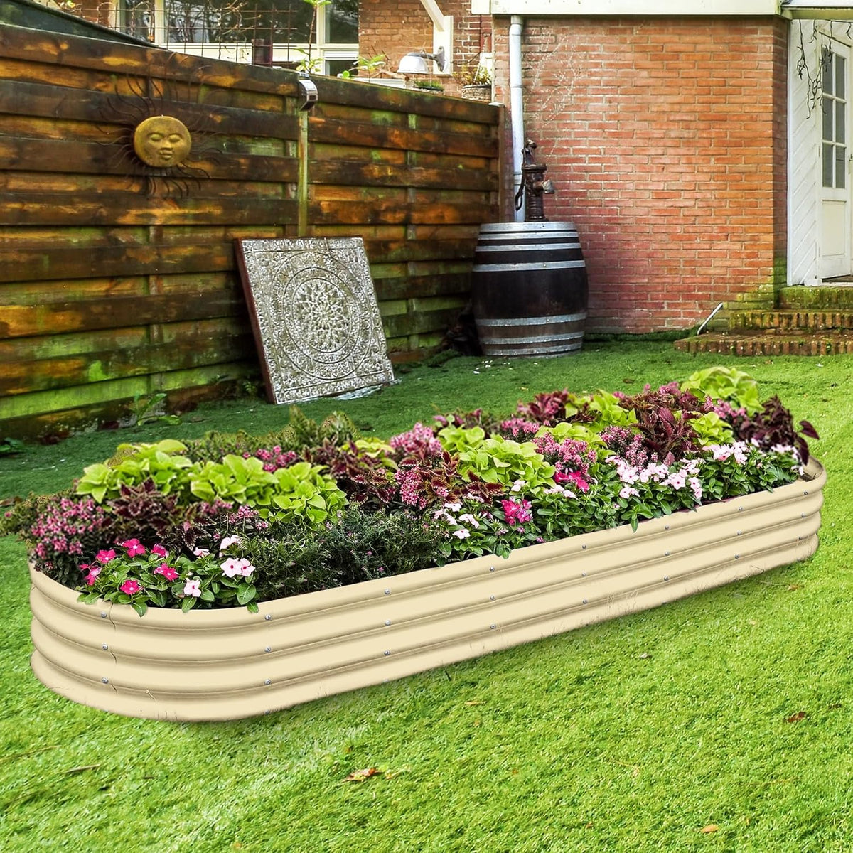 Land Guard 8×2×1ft Galvanized Raised Garden Bed Kit, 108 Gallon Capacity Raised Garden Boxes Outdoor, Oval Metal Raised Garden Beds for Vegetables, Cream Yellow(with 10 Connecting rods)
