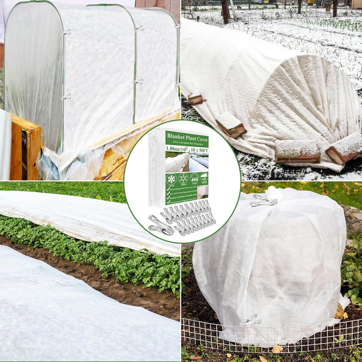 Plant Covers Freeze Protection 10 x 50Ft with 20 Stainless Steel Clip- Frost Cloth Plant Blankets Garden Fabric Freeze Cover for Outdoor Plant Raised Bed Greenhouse Winter Frost Sun Protection