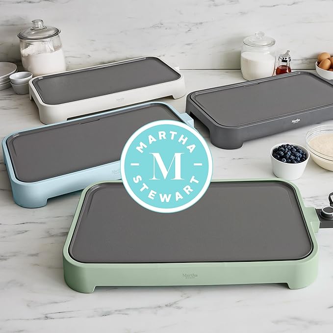 Martha Stewart 12” x 22” Electric Griddle, XL Ceramic Nonstick Flat Top Cooking Surface, Adjustable Temperature Dial, Drip Tray, Dishwasher Safe, 1500W Fast Even Heating, Pancakes & Eggs, Sky Blue