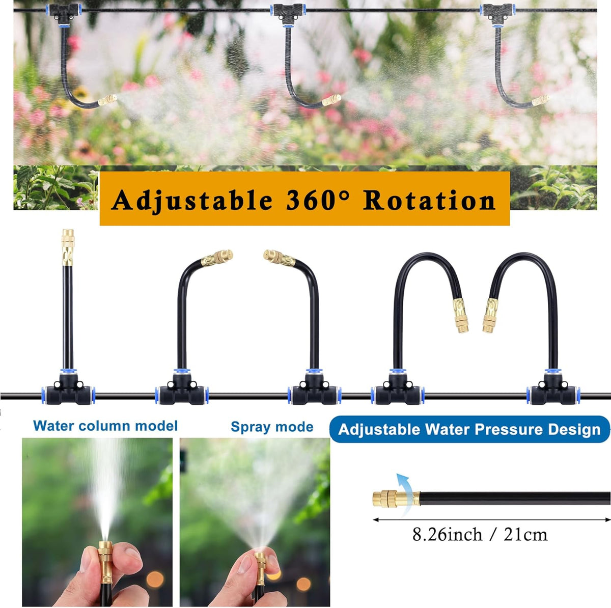 Mornajina Automatic Drip Irrigation Kits Garden Irrigation System, Includes Calcium Inhibitor Filter & 50FT 5/16 inch Irrigation Tubing Hose & 15Pcs 360° Bending Dropper Atomizing Mist Nozzles Tee