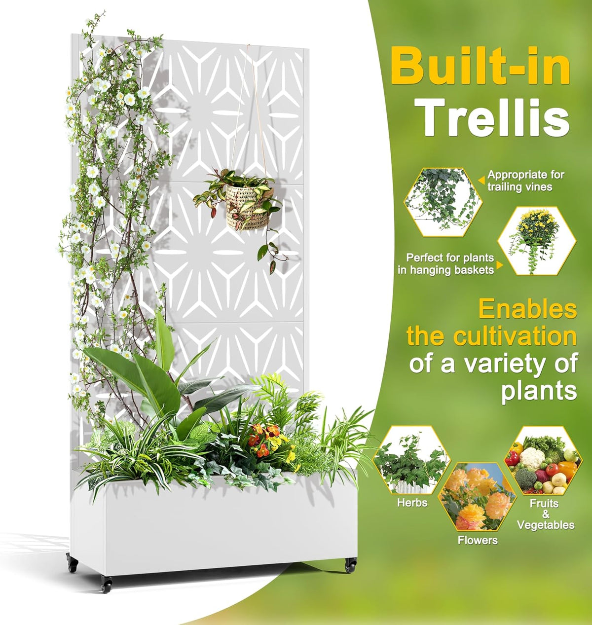 FENCY Metal Raised Garden Bed with Wheels and Trellis,73"x35"x16" Planter Box for Climbing Plants, Vegetables & Vines, Features Privacy Screen and Drainage Holes (White-Star)