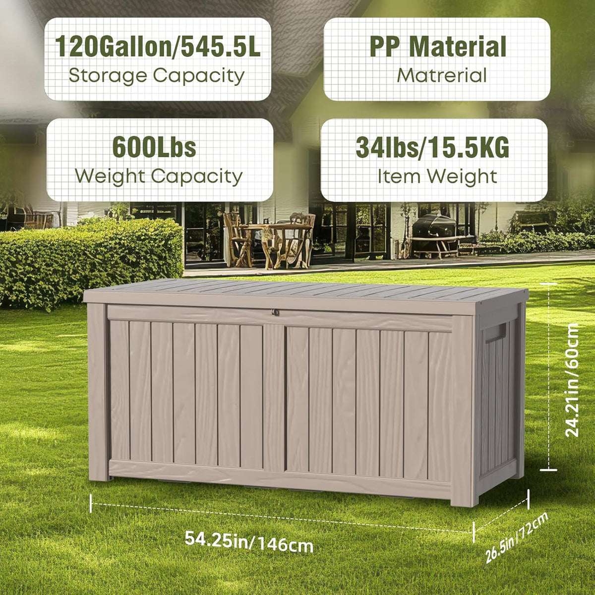 120 Gallon Outdoor Storage Box – Waterproof Deck Box for Patio & Garden,Light Brown