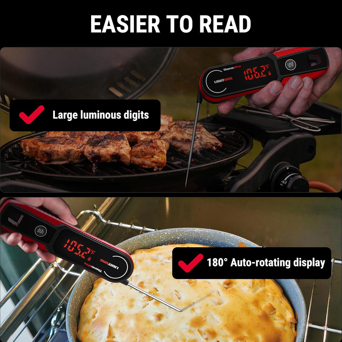 ThermoPro Lightning 1-Second Instant Read Meat Thermometer, Kitchen Food Thermometer with Auto Wake/Sleep/180° Rotating Display, Waterproof Cooking Thermometer for Oil Deep Fry Smoker BBQ Grill