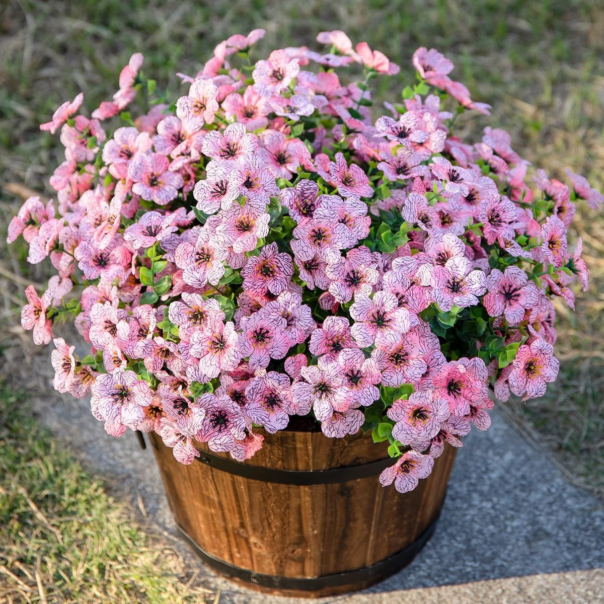 Artificial Flowers for Outdoor Indoor Garden Home Decoration, Faux Flower Daisy with Eucalyptus Leaves Fake Plants Greenery Boxwood Porch Patio, 12 Bundles (Pink)